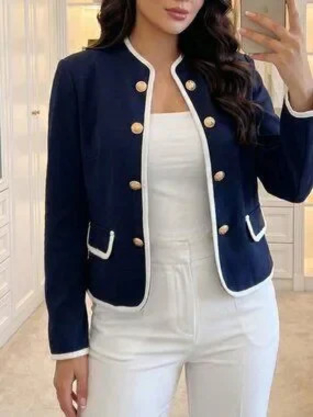 Navy Blue Elegant Women's Plus Size Lapel Long Sleeve Double-Breasted Jacket
